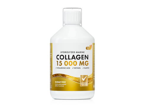 Bottle of collagen supplement with a white and gold label on a white background