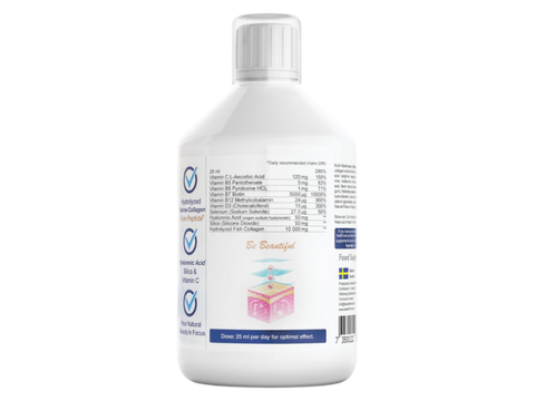 Swedish Nutra Marine Collagen Liquid 10000mg Sugar-Free Berry Flavour 500ml active ingredients and nutrients information panel