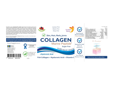Swedish Nutra Marine Collagen Liquid 10000mg Sugar-Free Berry Flavour 500ml supplement benefits information & barcode panel