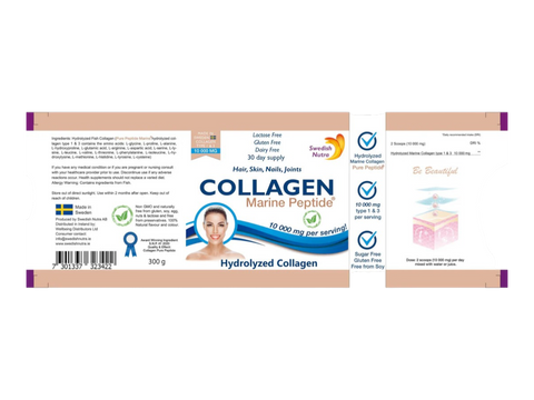Swedish Nutra Marine Collagen Powder 10000mg 300g collagen supplement benefits information & barcode panel
