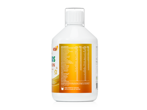 Bottle of vitamin supplement with a white background
