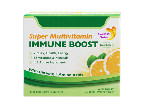 Swedish Nutra Super Multivitamin Immune Boost 750ml liquid supplement box front label packaging (30 shots of 25ml)