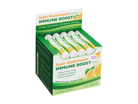 Swedish Nutra Super Multivitamin Immune Boost 750ml liquid supplement box front label packaging (30 shots of 25ml)