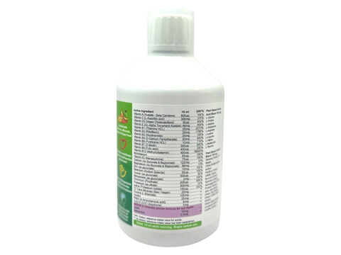 Swedish Nutra Ultra+ Multivitamin Orange Flavour 500ml active ingredients and nutrients information panel