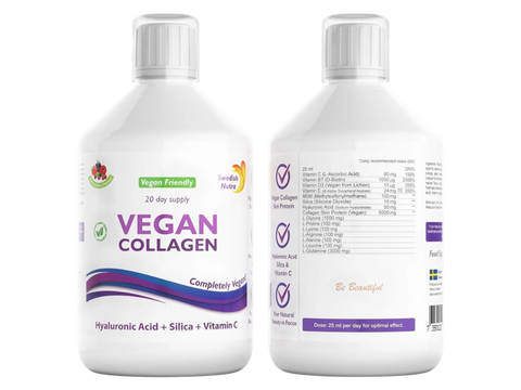 Swedish Nutra Vegan Collagen 500ml liquid supplement bottle front & back  label packaging