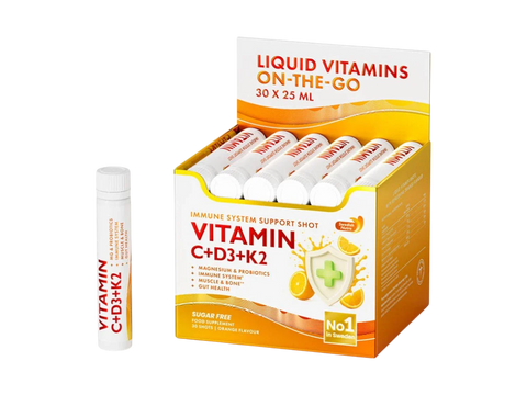 Box of liquid vitamins with a single bottle on a white background