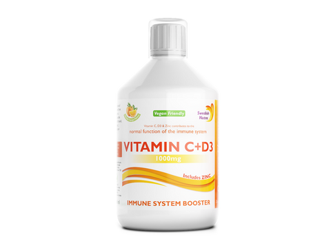 Bottle of Vitamin C+D3 supplement on a white background