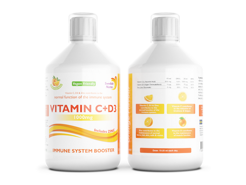 Two bottles of Vitamin C+D3 supplement on a white background