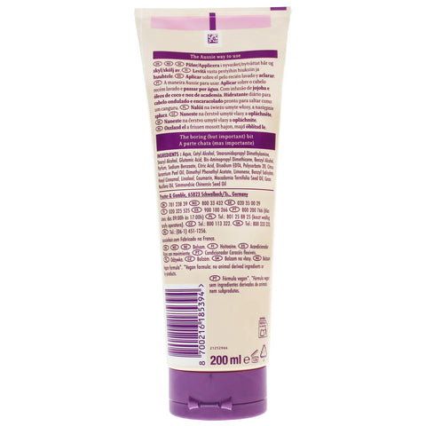 Aussie Bouncy Curls Conditioner ingredient and barcode label with jojoba coconut and macadamia oils 200ml