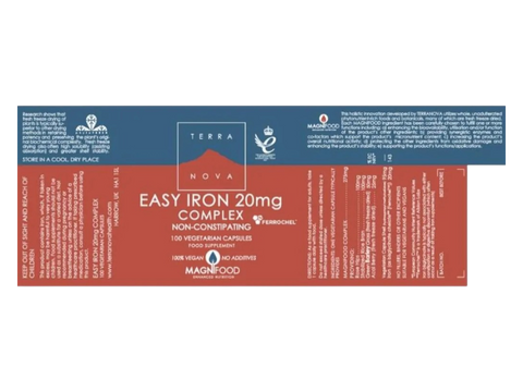 Terranova Easy Iron 20mg Complex 100 vegetarian capsules front view bottle packaging
