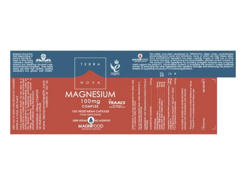Terranova Magnesium 100mg Complex 100 veggie capsules front view bottle packaging