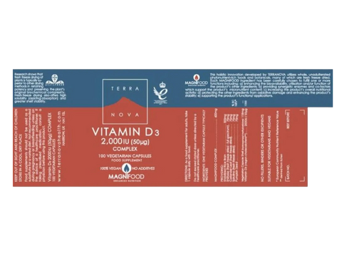 Terranova Vitamin D3 2000iu 50µg Complex 100 veggie capsules supplement facts panel