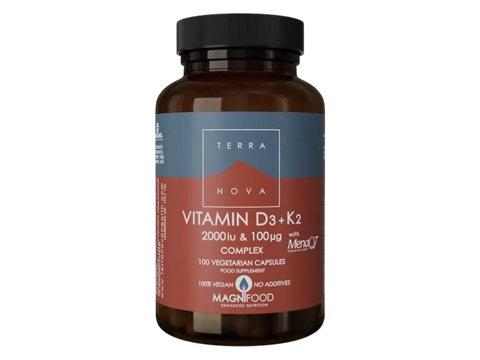 Terranova Vitamin D3 and K2 2000iu 100µg 100 vegetarian capsules front view bottle packaging
