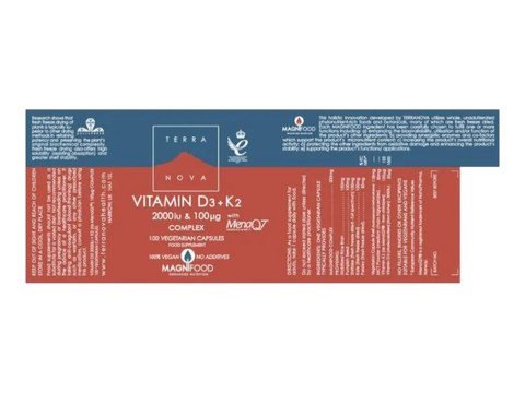 Terranova Vitamin D3 and K2 2000iu 100µg 100 vegetarian capsules supplement facts panel