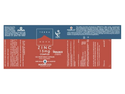 Terranova Zinc 15mg Complex 100 vegetarian capsules supplement facts panel