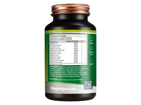 Supplement facts label for The Good Guru Digestive Wellness herbal blend, 90 count.