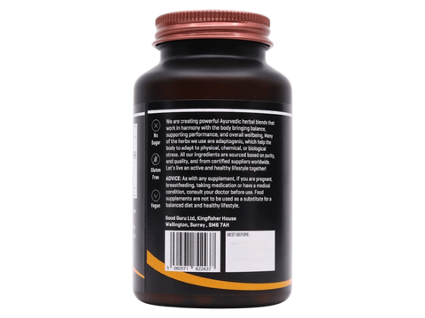 Supplement facts label for The Good Guru Shilajit and Ashwagandha capsules, showing ingredients, 90 count barcode
