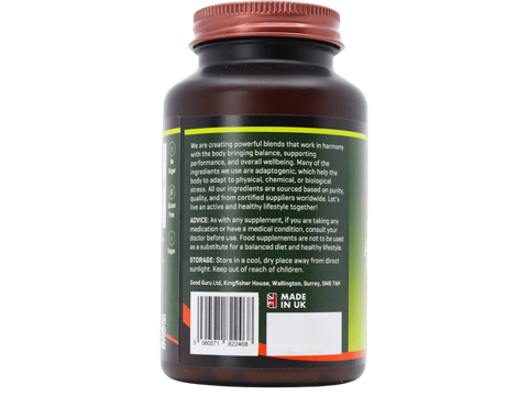 Supplement facts label for The Good Guru Ashwagandha KSM-66, showing 5% Withanolides, 90 count barcode