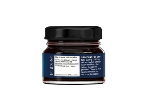 Label showing supplement facts for The Good Guru Shilajit Resin, 20g, on white background.
