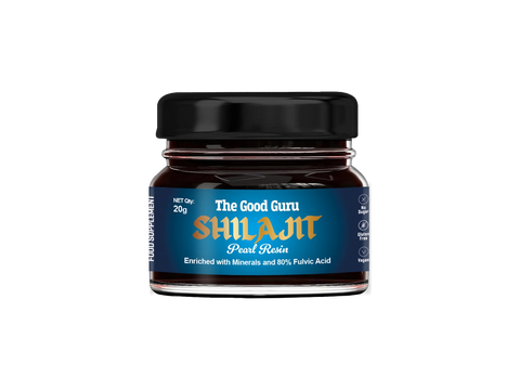 The Good Guru Purified Shilajit Resin in a 20g glass jar on a white background.