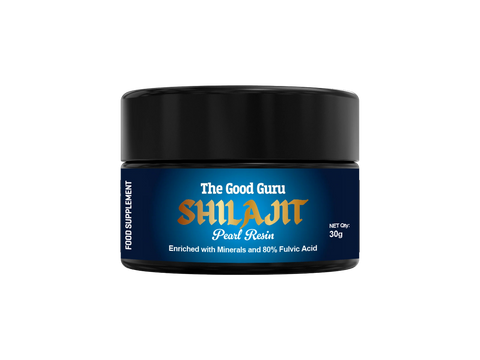 The Good Guru Purified Shilajit Resin in a 30g glass jar on a white background.