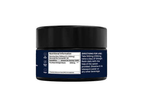 Label showing supplement facts for The Good Guru Shilajit Resin, 30g, on white background.