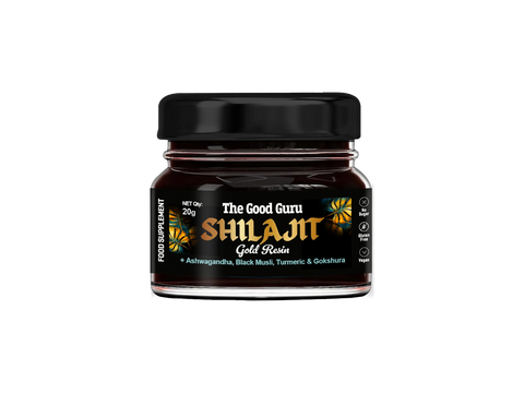The Good Guru Shilajit Gold Resin with Herbal Blend in a 20g glass jar on a white background.