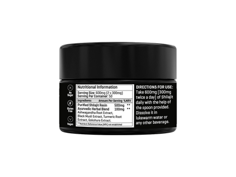 Supplement facts label for The Good Guru Shilajit Gold Resin with Ayurvedic Herbal Blend, 30g.