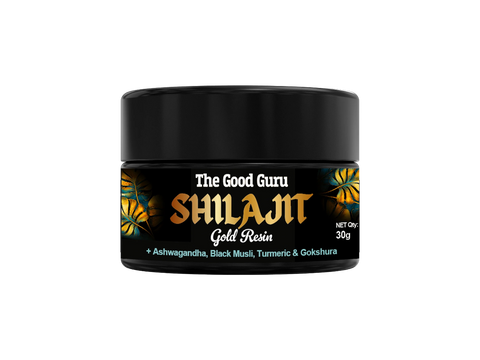 The Good Guru Shilajit Gold Resin with Herbal Blend in a 30g glass jar on a white background.