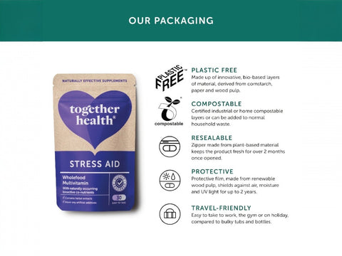 Together Health B Vitamins Ashwagandha Magnesium Supplement 30 Capsules plastic free compostable packaging information panel