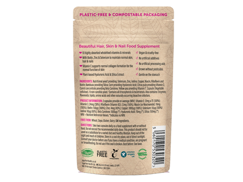 Together Health Beauty Support Complex Hair Skin and Nails 60 Capsules pouch back label ingredients directions and barcode