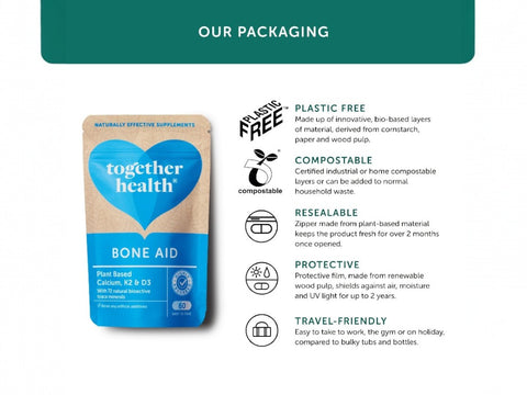 Together Health Bone Health Complex Calcium Vegan D3 and K2 60 Capsules plastic free compostable packaging information panel
