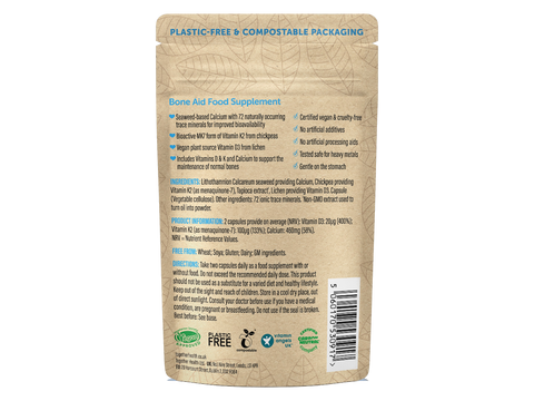 Together Health Bone Health Complex Calcium Vegan D3 and K2 60 Capsules pouch back label ingredients directions and barcode