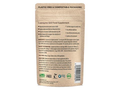 Together Health Coenzyme Q10 100 mg Supplement 30 Capsules pouch back label ingredients directions and barcode