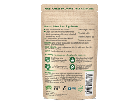 Together Health Folate 400 mcg from Spinach 30 Capsules pouch back label ingredients directions and barcode