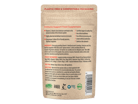 Together Health Immune Support Complex Zinc Vitamin C D3 Probiotic 30 Capsules pouch back label ingredients directions and barcode