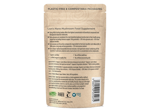 Together Health Lion’s Mane Mushroom Supplement 60 Capsules pouch back label ingredients directions and barcode