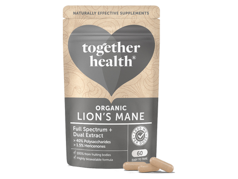 Together Health Lion’s Mane Mushroom Supplement 60 Capsules pouch front label packaging with capsules