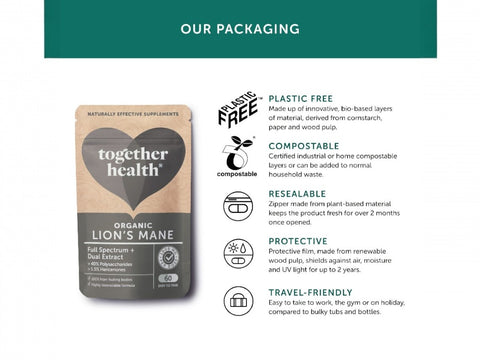 Together Health Lion’s Mane Mushroom Supplement 60 Capsules plastic free compostable packaging information panel
