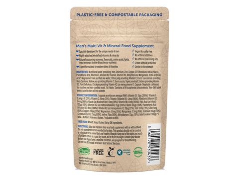 Together Health Men's Multivitamin Whole Food Formula with Zinc 30 Capsules pouch back label ingredients directions and barcode