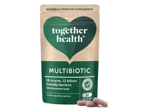 Together Health Multibiotic 13B CFU Probiotic and Fermented Food Blend 30 Capsules pouch front label packaging with capsules