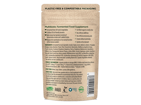 Together Health Multibiotic 13B CFU Probiotic and Fermented Food Blend 30 Capsules pouch back label ingredients directions and barcode