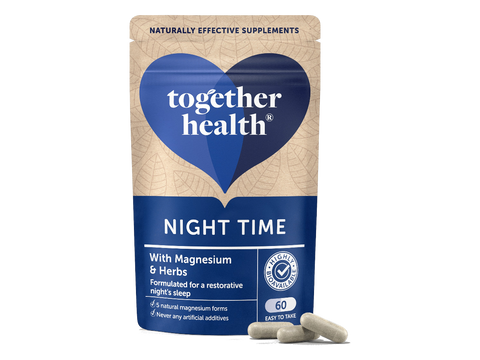 Together Health Night Time Relaxation Blend Magnesium and 5-HTP 60 Capsules pouch front label packaging with capsules