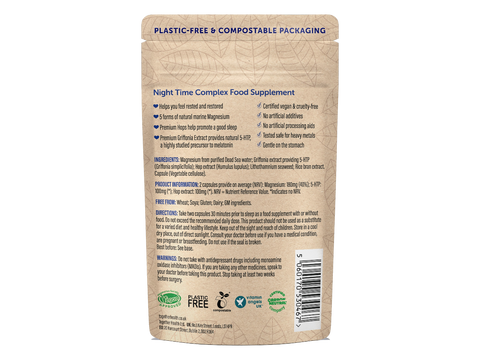 Together Health Night Time Relaxation Blend Magnesium and 5-HTP 60 Capsules pouch back label ingredients directions and barcode