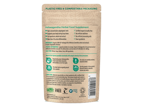 Together Health Organic Ashwagandha KSM-66 500 mg 30 Capsules pouch back label ingredients directions and barcode