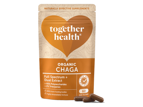 Together Health Organic Chaga 900 mg Dual Extract 60 Vegan Capsules pouch front label packaging with capsules
