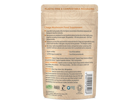 Together Health Organic Chaga 900 mg Dual Extract 60 Vegan Capsules pouch back label ingredients directions and barcode