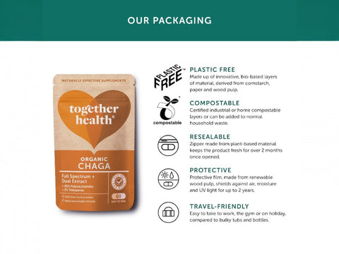 Together Health Organic Chaga 900 mg Dual Extract 60 Vegan Capsules pouch back label ingredients directions and barcode