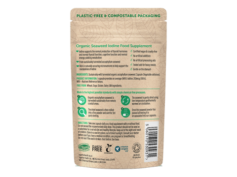 Together Health Organic Iodine from Seaweed 30 Vegan Capsules pouch back label ingredients directions and barcode