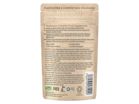 Together Health Organic Mushroom Complex 5 60 Capsules pouch back label ingredients directions and barcode